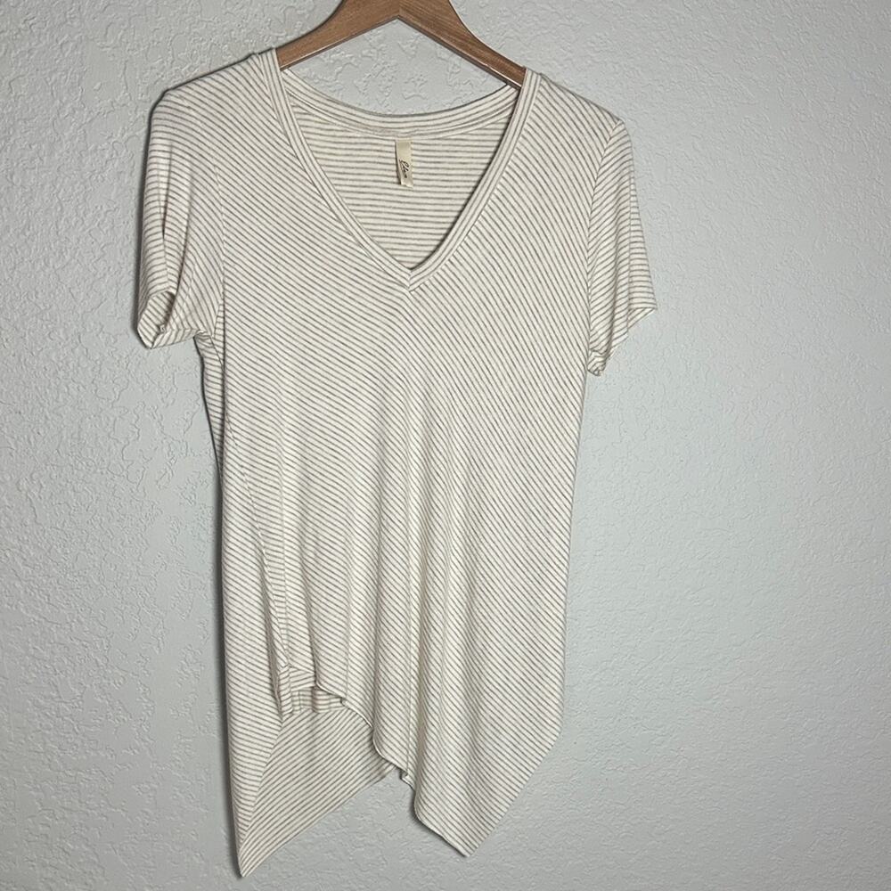 Elan Cream Striped V Neck Short Sleeve Tee Double Layer Soft Asymmetrical Top